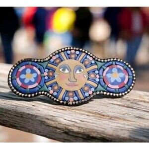 Vintage Signed Robink Polymer Clay Sun Face Mosaic Brooch Folk Art 1990s